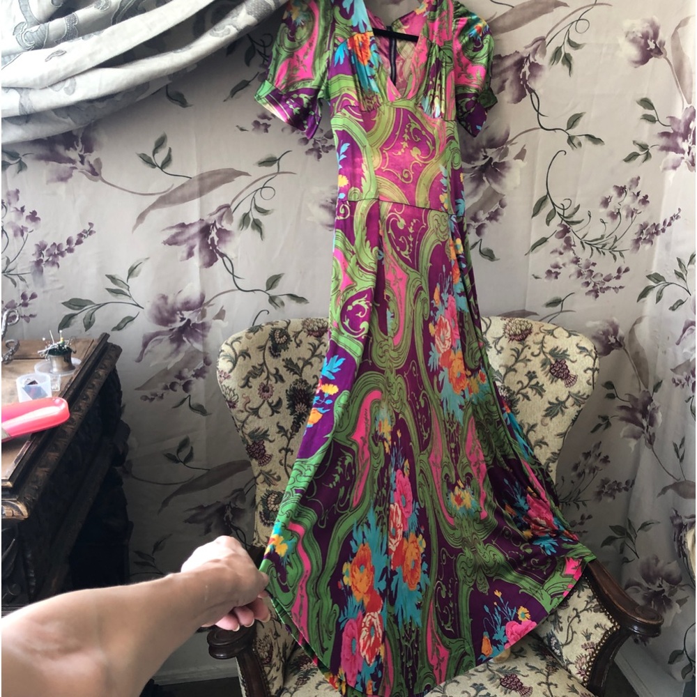 1970 Vintage print dress Zipper back Ver good condition Puff sleeve One fault - Picture 2 of 12